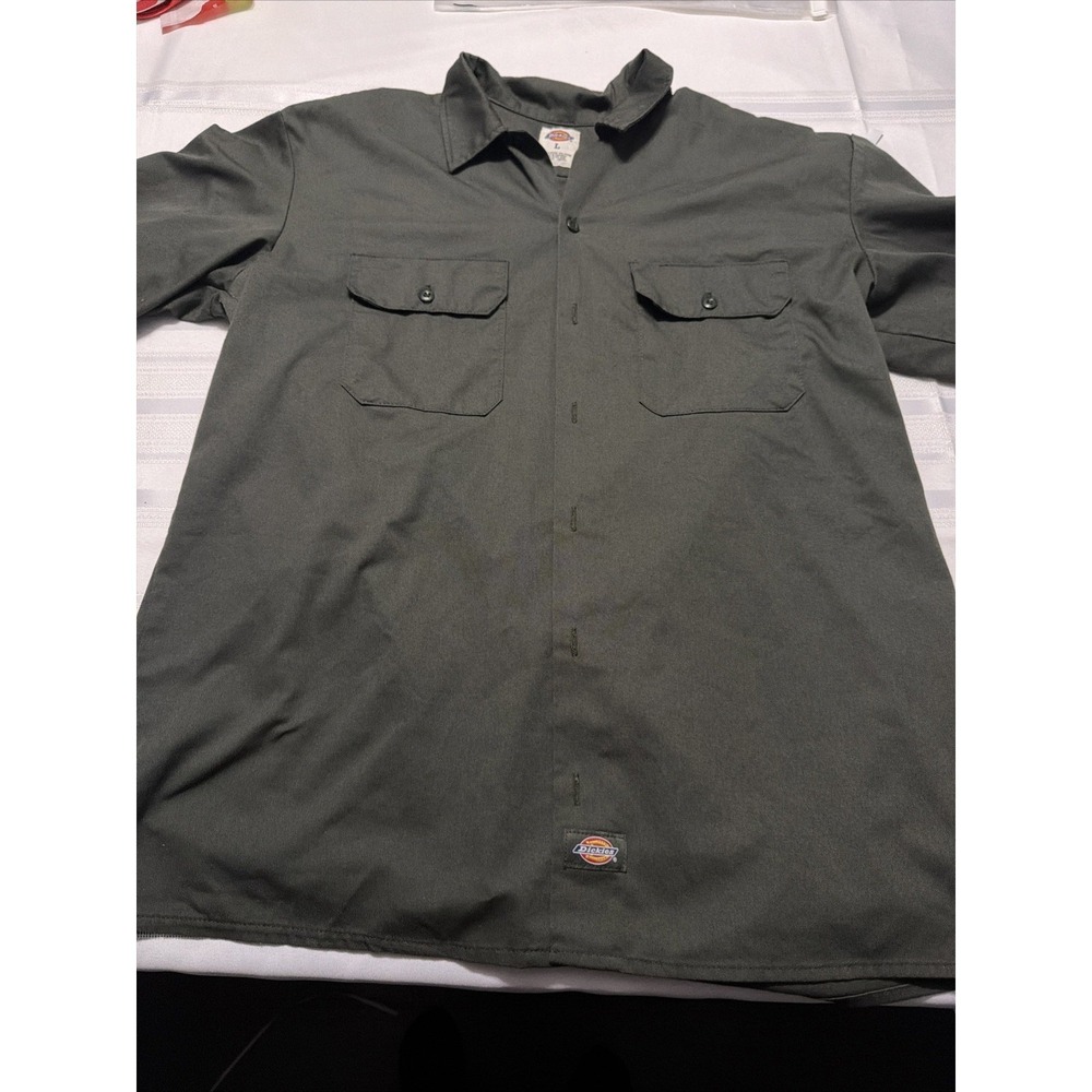 Dickies Mens Large Short Sleeve Work Shirt Charcoal Gray Button Up Pocket Tee